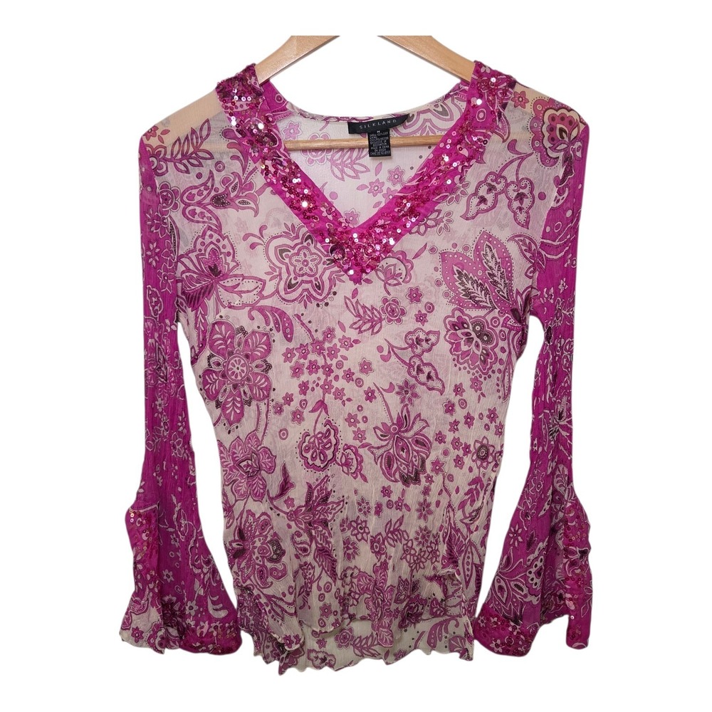 Pink Paisley Sequin Bell‎ Sleeve Boho Mesh Top Size M Fairy Y2K Whimsigoth Indie